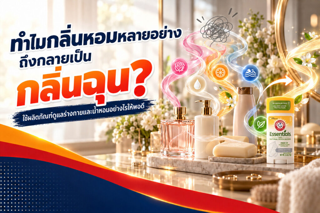 ภาพปกบทความ Arm & Hammer เรื่องการใช้ผลิตภัณฑ์ดูแลร่างกายและน้ำหอมไม่ให้กลิ่นตีกัน